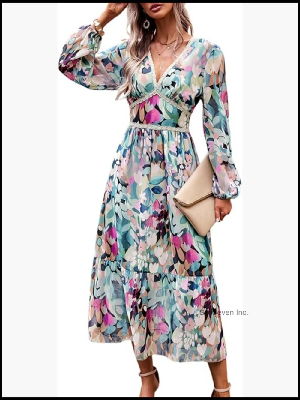 V Neck Floral Wrap Maxi Dress Long Sleeve Chiffon Wedding Guest